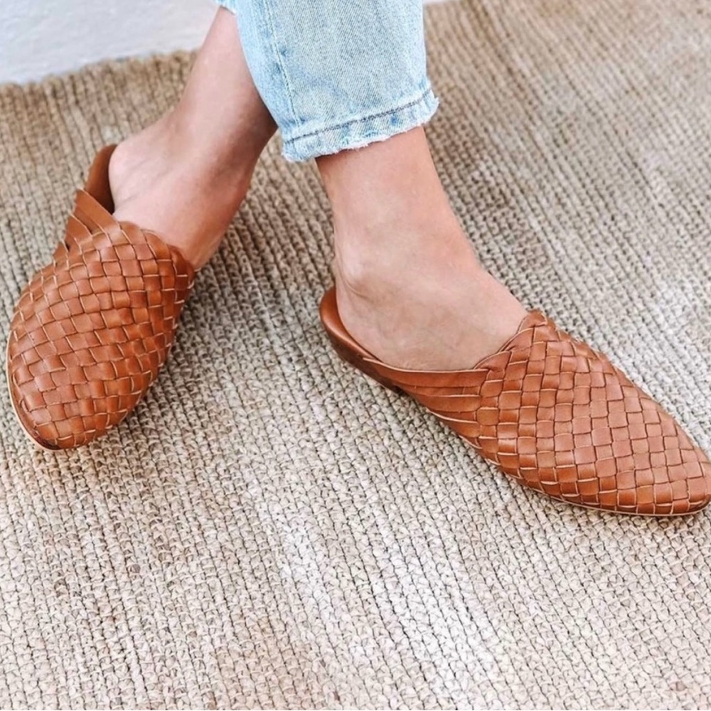 Super stylish woven mules. Beautiful cognac leather. NWT and dust bag.